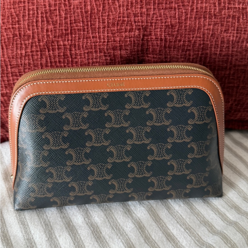 Celine Tan and Brown Triomphe Canvas Pouch - Medium